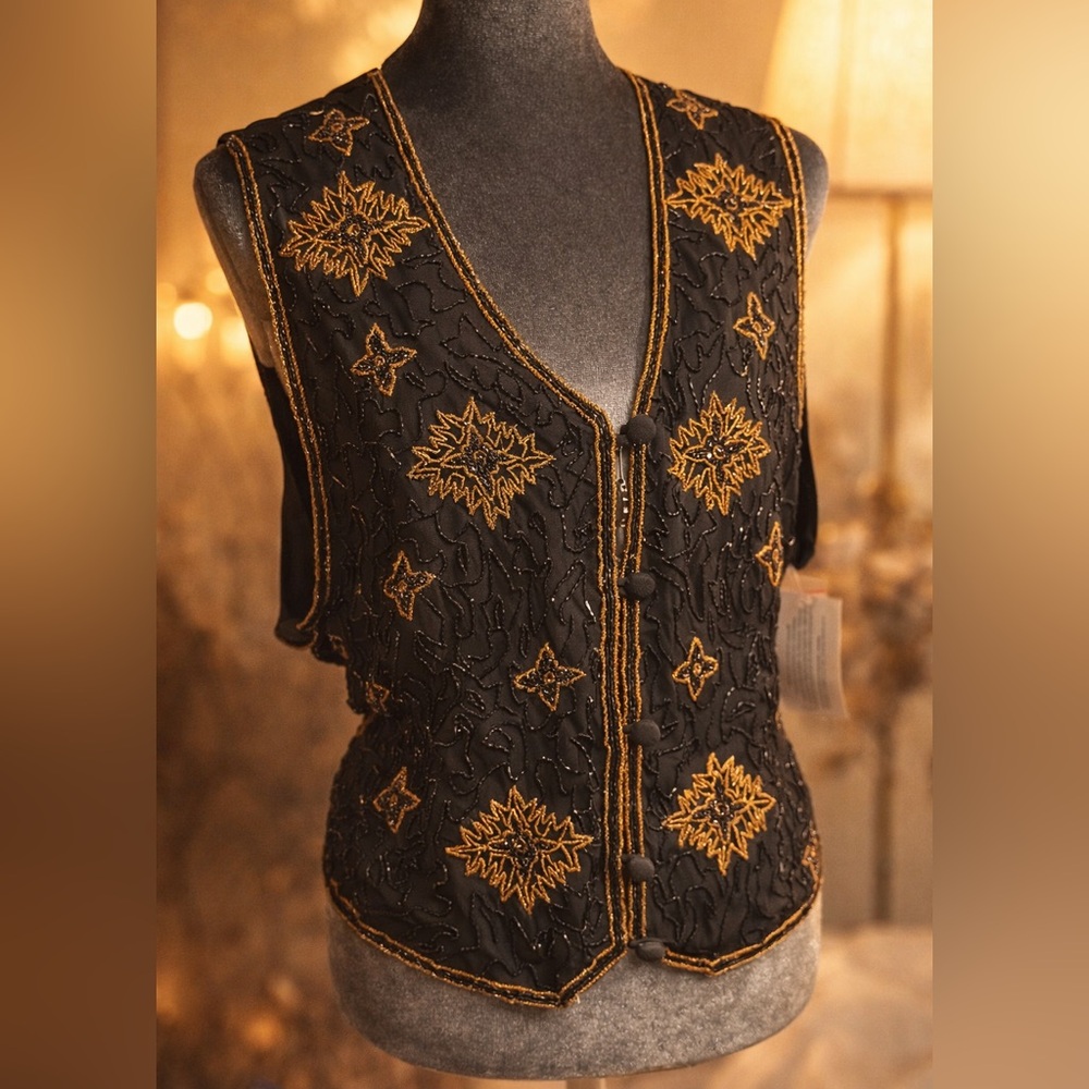 Vintage Silk Embroidered Beaded Vest Black Gold Boho